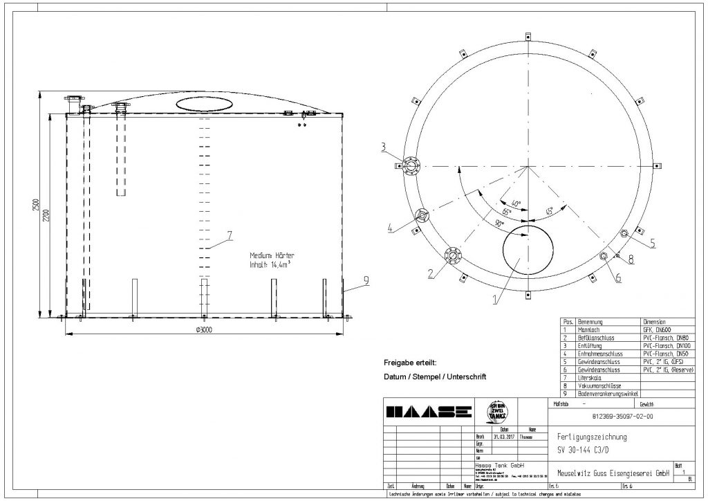 Technische Zeichnung eines Flachbodentanks