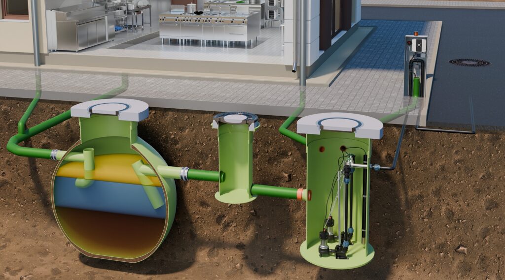 Haase-Pumpstation aus GFK (Einbauschema)