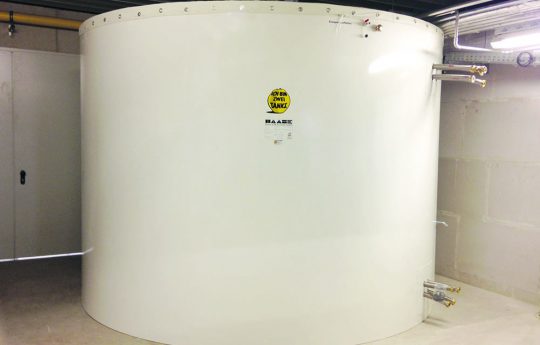 This buffer hot water tank stores the heat for a bakery and has a volume of 15,000 liters.