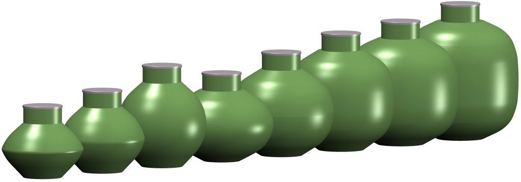 The different sizes of the Haase spherical tank.