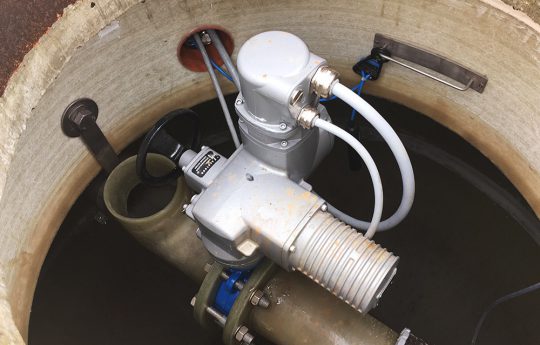 Installed safety collecting tank with butterfly valve and swivel drive.