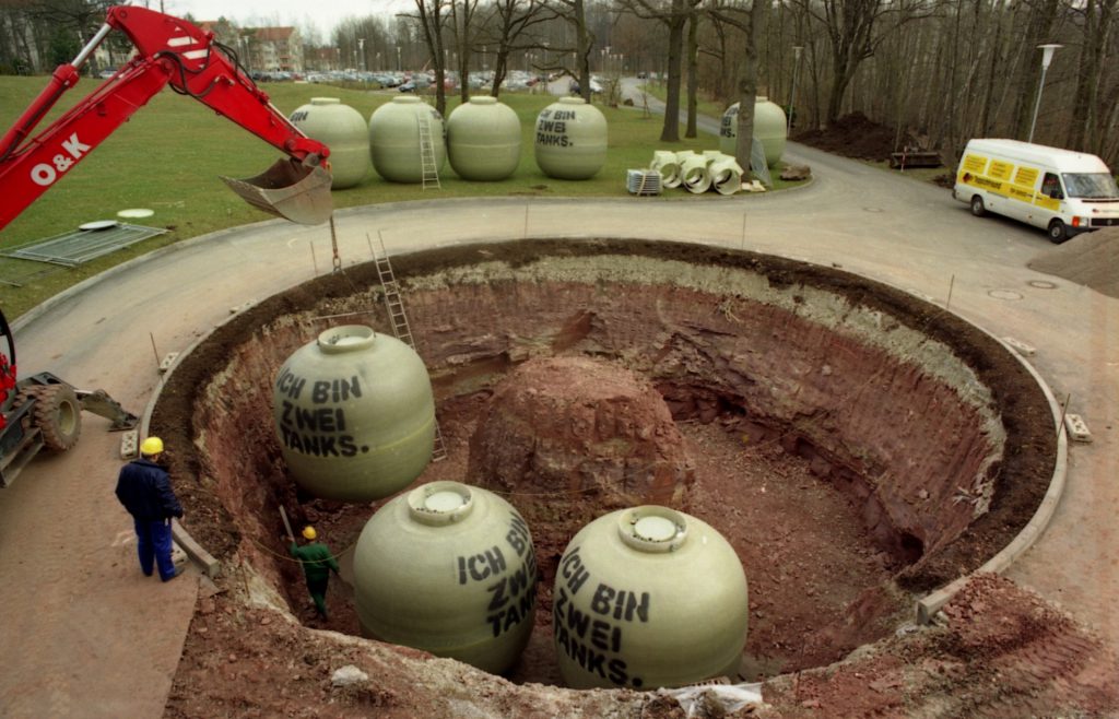 These underground spherical tanks were installed for the storage of radioactive waste water.
