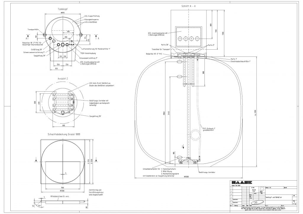 Technical drawing of a underground spherical storage container from the construction project in Bad Berka.