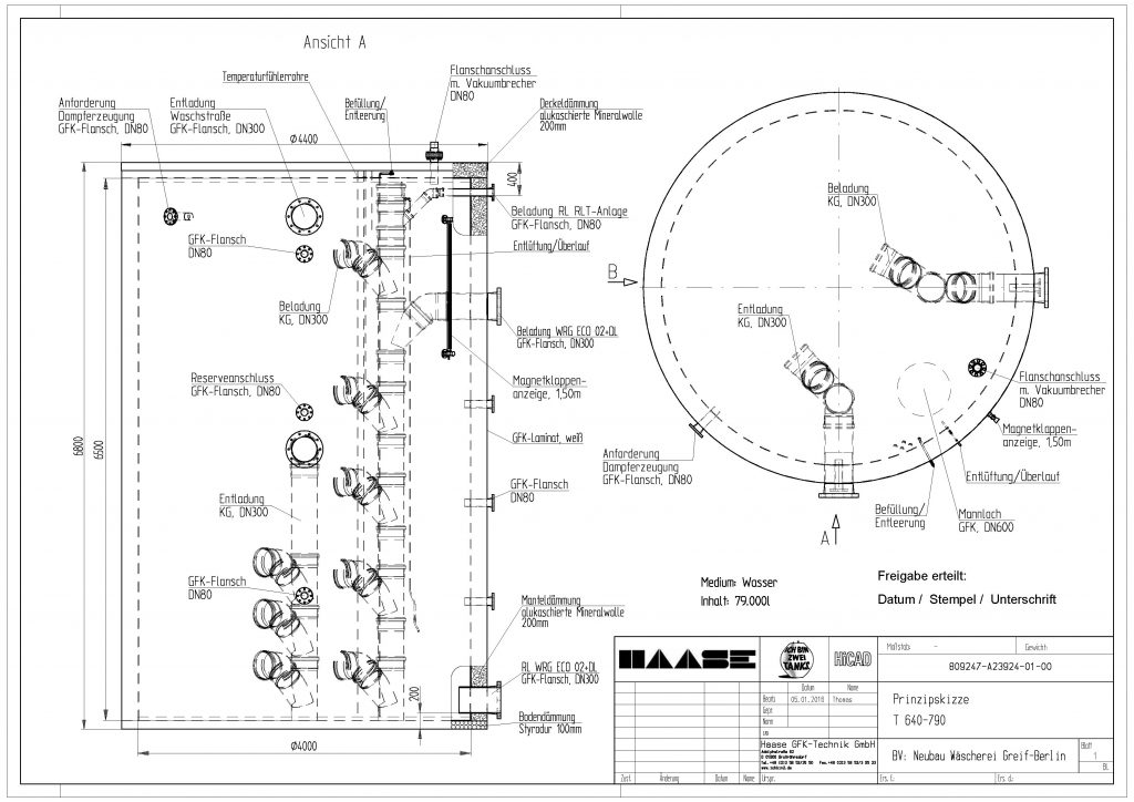 Technical drawing of the hot water tankr for a hotel laundry business in Berlin.