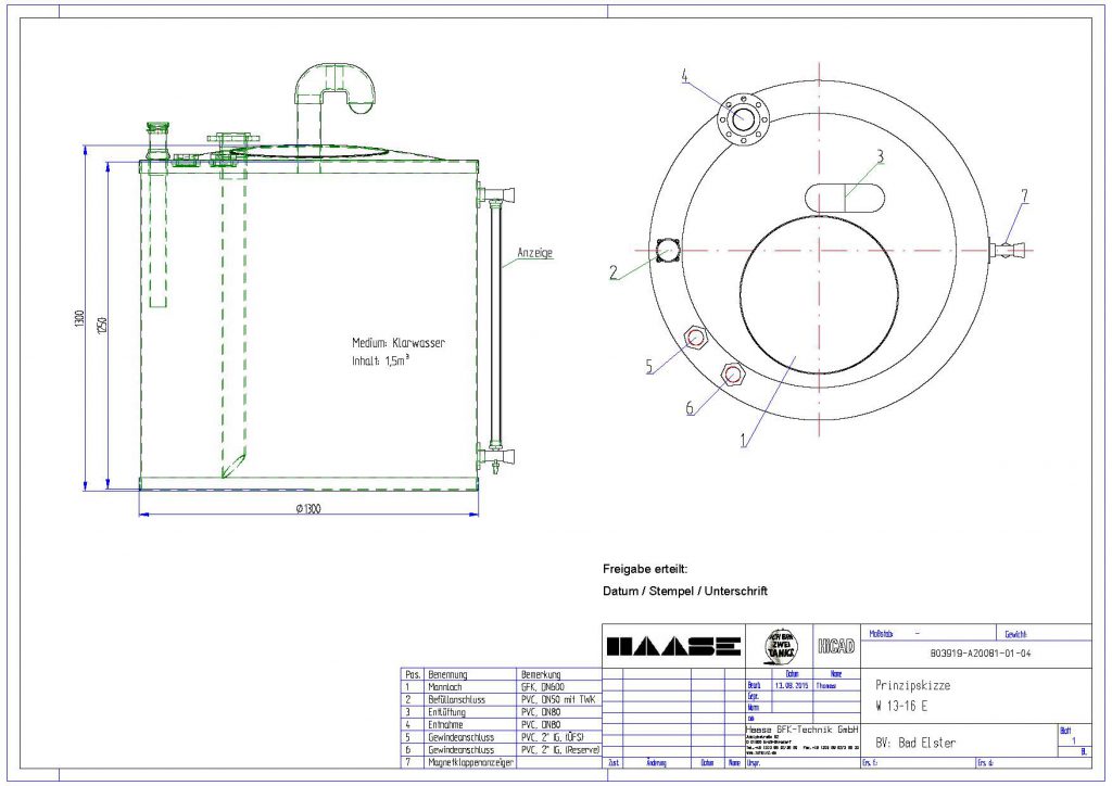 Technical drawing of a flat-bottom tank as a cold water tank