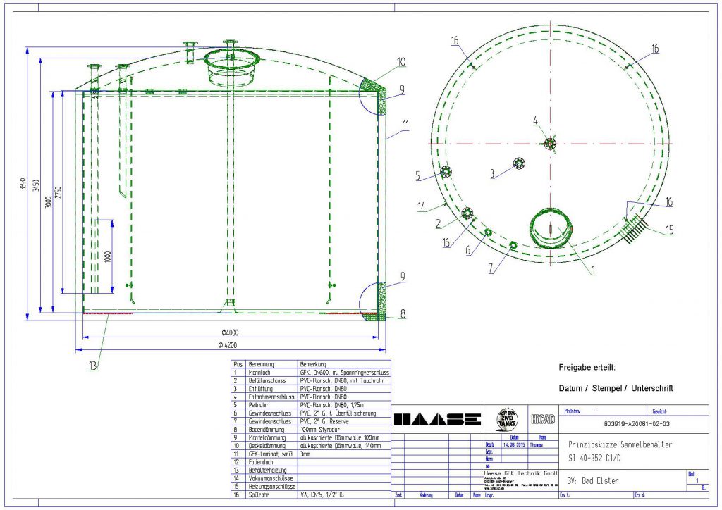 Technical drawing of a flat-bottom tank as a collecting basin.