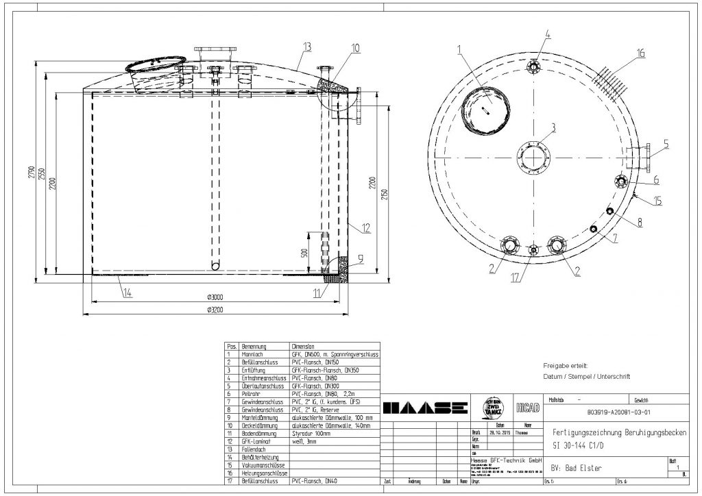 Technical drawing of a flat-bottom tank as a settling tank.