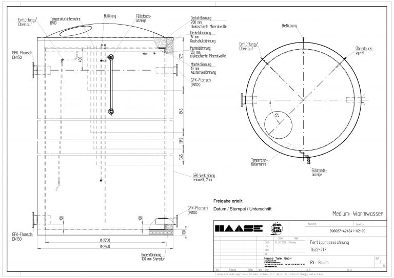 Technical drawing of the hot water tank.