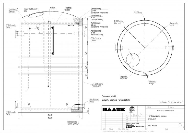 Technical drawing of the hot water tank.