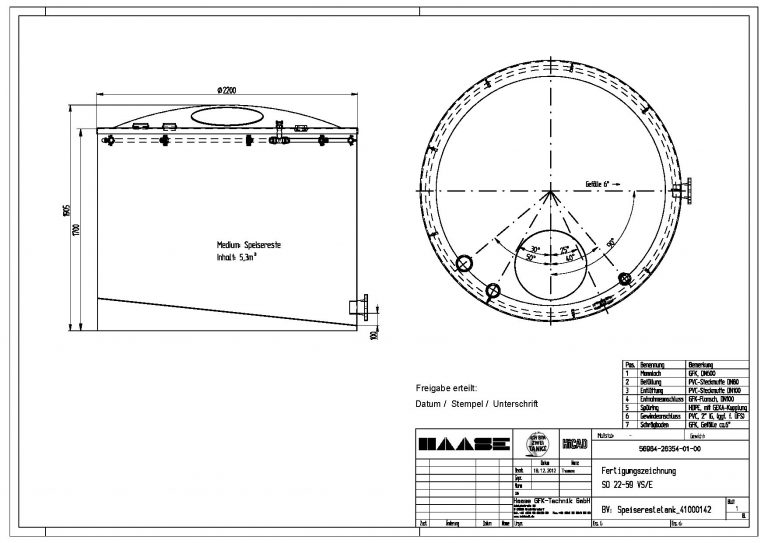 Technical drawing of a leftover flat-bottom tank