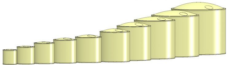 Representation of the different sizes of the Haase basement tanks and flat-bottom tanks.
