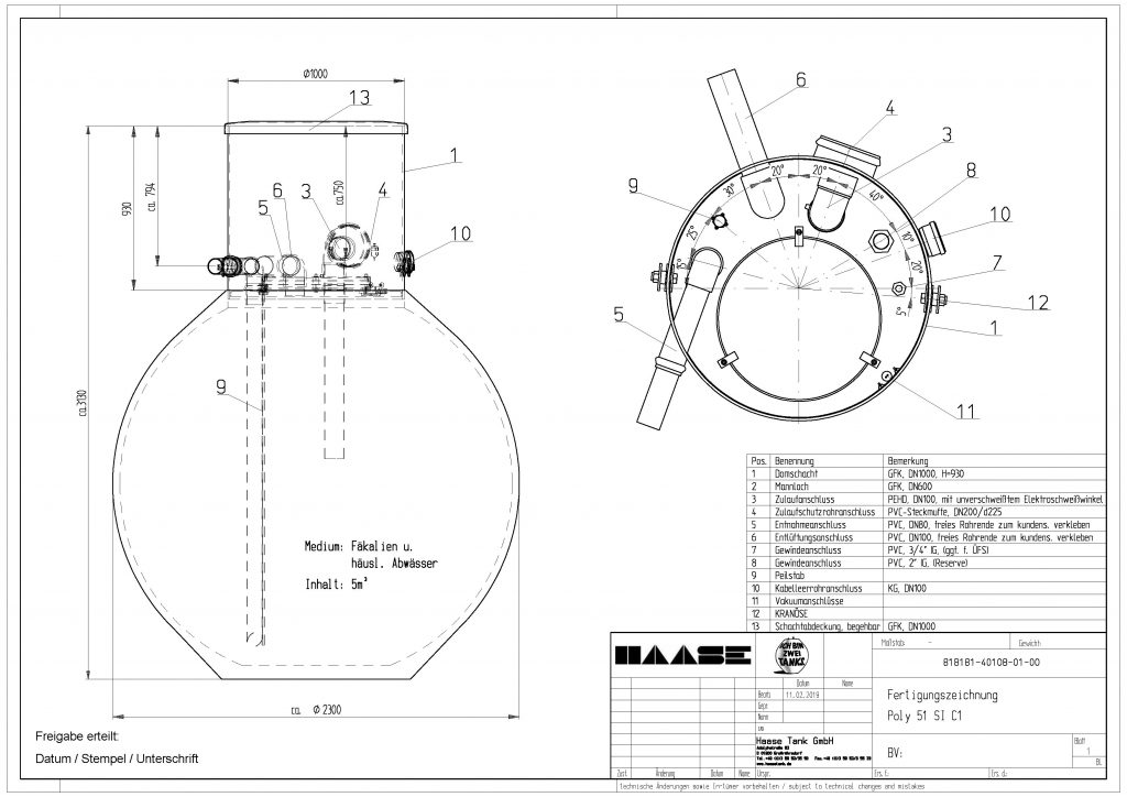 Technical drawing of the underground storage tank for fecal matter and domestic waste water.