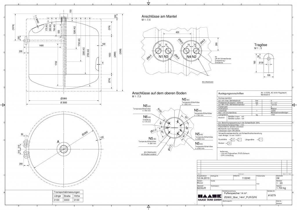 Technical drawing of an underground buffer hot water tank for a CHP.